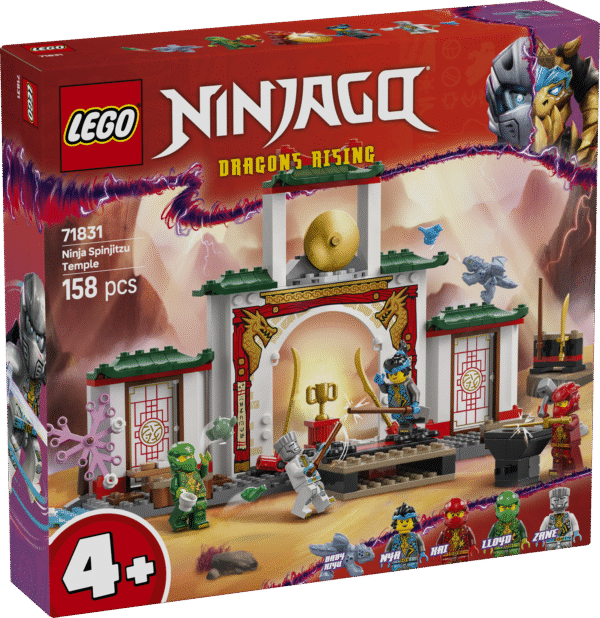 LEGO NINJAGO Ninja Spinjitzu templi mängukomplekt võimaldab 4-aastastel ja vanematel lastel õppida 4 minifiguuri ja draakoniga lugusid jutustama.