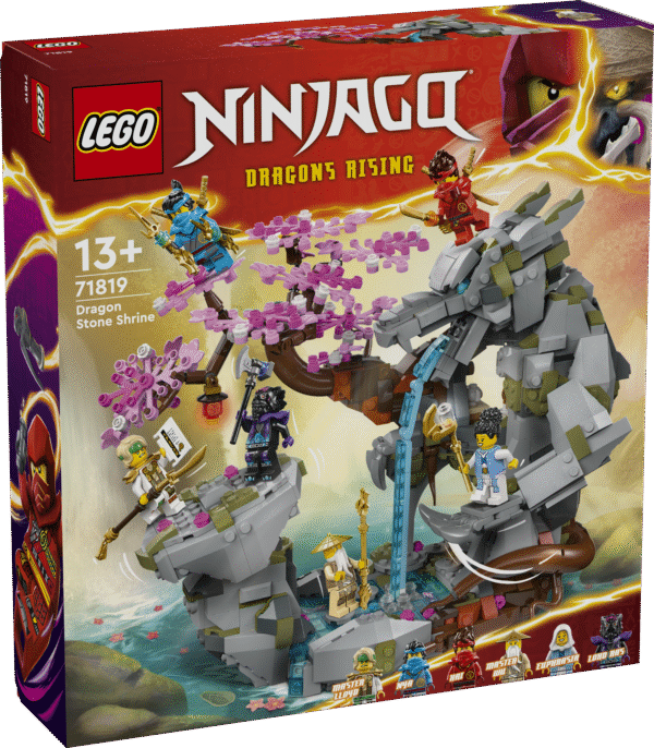 LEGO NINJAGO Draakonikivi pühamu mänguasi koos kuue NINJAGO minifiguuriga nii mängimiseks kui ka esitlemiseks.