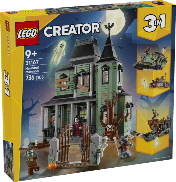 Lapsed saavad LEGO® Creator kolm-ühes kummitava häärberi mänguasjaga hirmutavaid tegevusi etendada. Maja saab ümber ehitada kummituslaevaks või -rongiks.