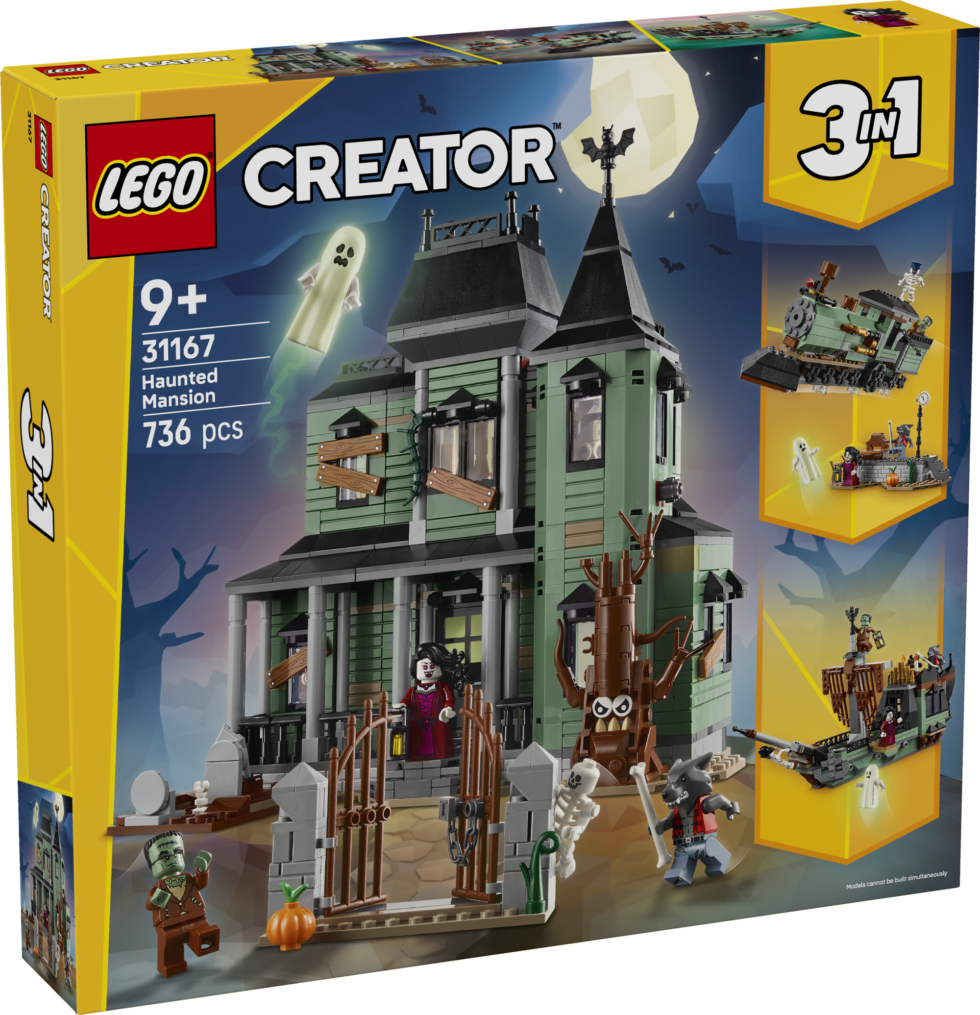 LEGO Creator Kummitav häärber Lapsed saavad LEGO® Creator kolm-ühes kummitava häärberi mänguasjaga hirmutavaid tegevusi etendada. Maja saab ümber ehitada kummituslaevaks või -rongiks.