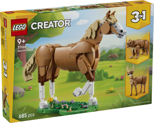 Loomasõbrad saavad selle LEGO® Creator kolm-ühes kauni hobuse komplektiga lõbusaid lugusid mängida ja seejärel selle ümber ehitada hirveks või karuks.