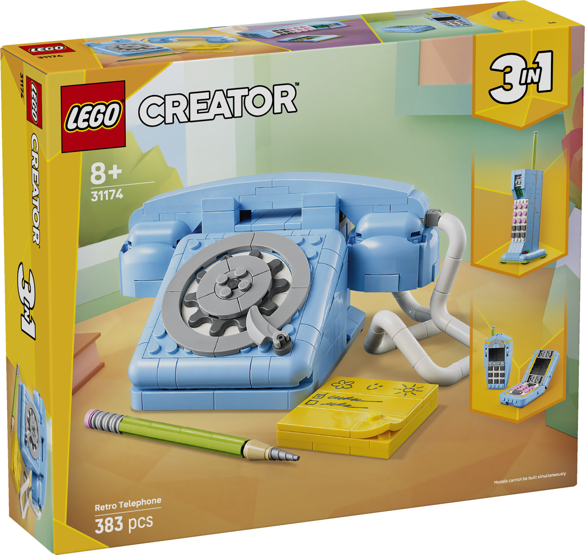 LEGO Creator Retrotelefon Lapsed saavad seda 1960. aastate LEGO® Creatori retrotelefoni esitleda ja sellega mängida ning seejärel ümber ehitada 1980. või 2000. aastate telefoniks.
