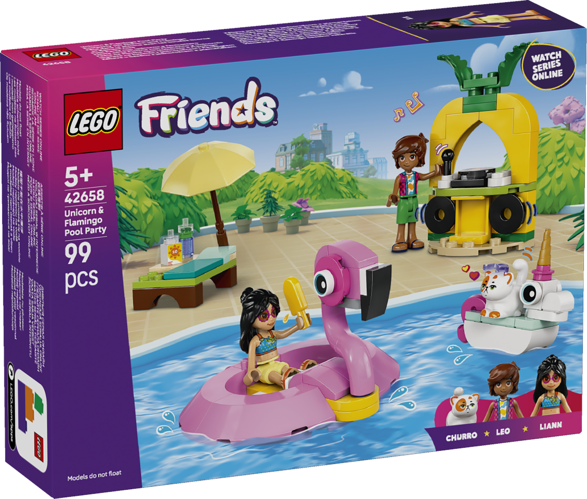 LEGO Friends Ükssarviku ja flamingo basseinipidu Lõbus mänguasi 2 mininuku ja kassifiguuriga