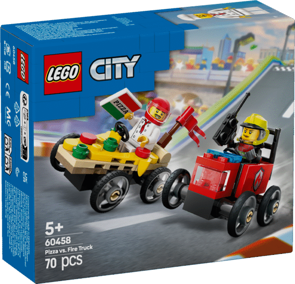 Selle LEGO City pitsaauto vs tuletõrjeauto võidusõiduautode komplektiga