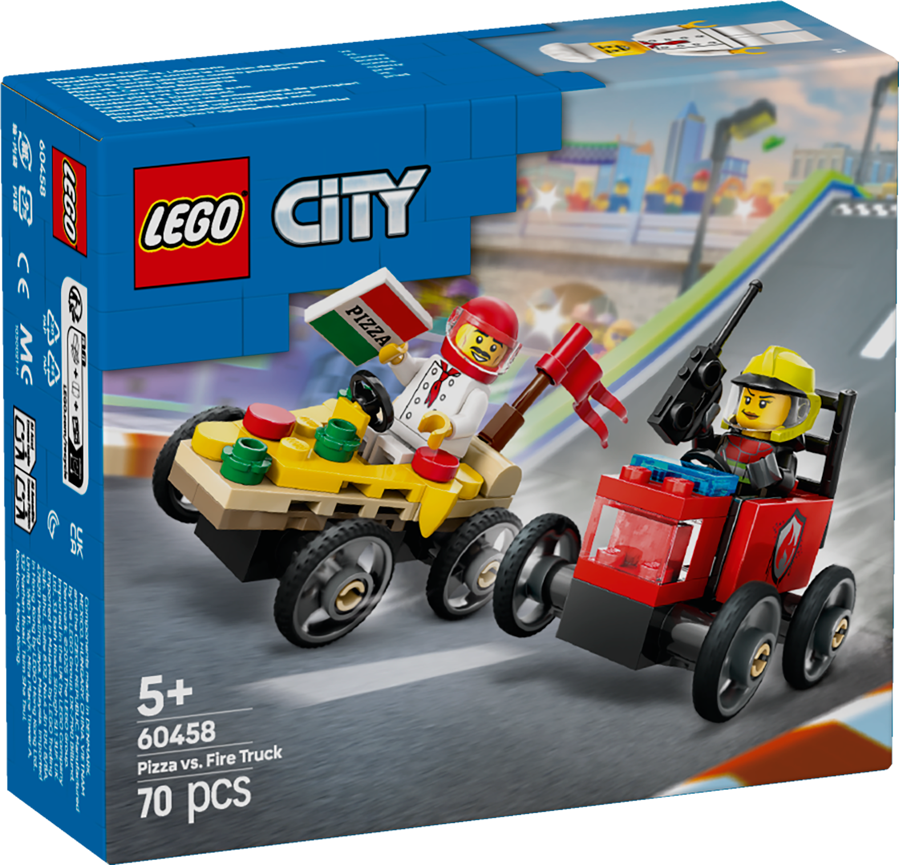 LEGO City Pitsaauto vs tuletõrjeauto võidusõiduautode komplekt Selle LEGO City pitsaauto vs tuletõrjeauto võidusõiduautode komplektiga