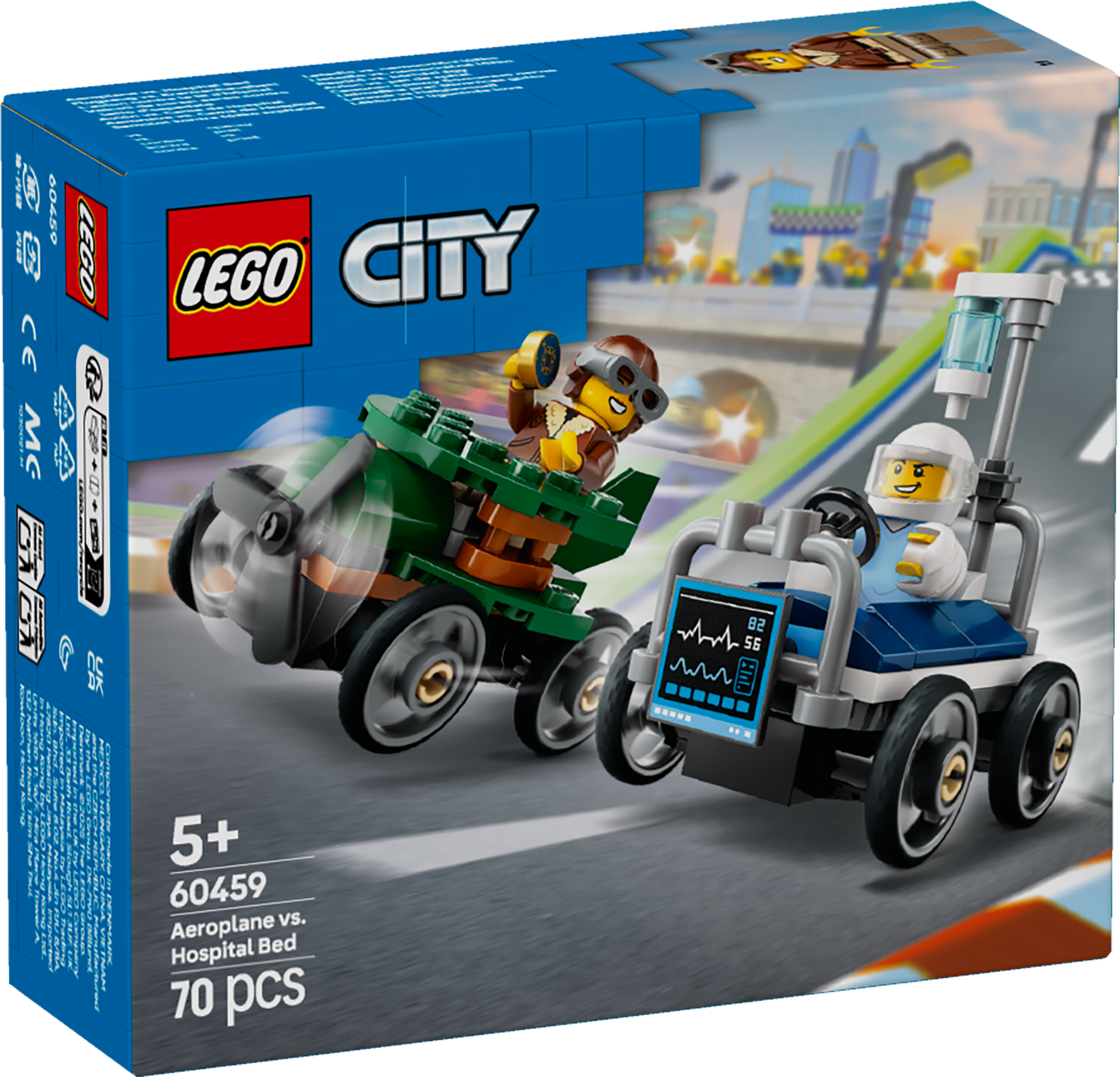 LEGO City Lennuk vs haiglavoodi võidusõiduautode komplekt Selle LEGO City Lennuk vs haiglavoodi võidusõiduautode komplektiga