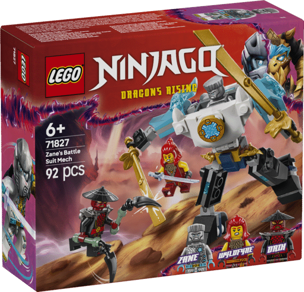 LEGO NINJAGO Zane’i lahinguvormis roboti ehituskomplekt 3 minifiguuriga võimaldab lastel etendada lugusid telesarja NINJAGO Dragons Rising 3. hooajast.