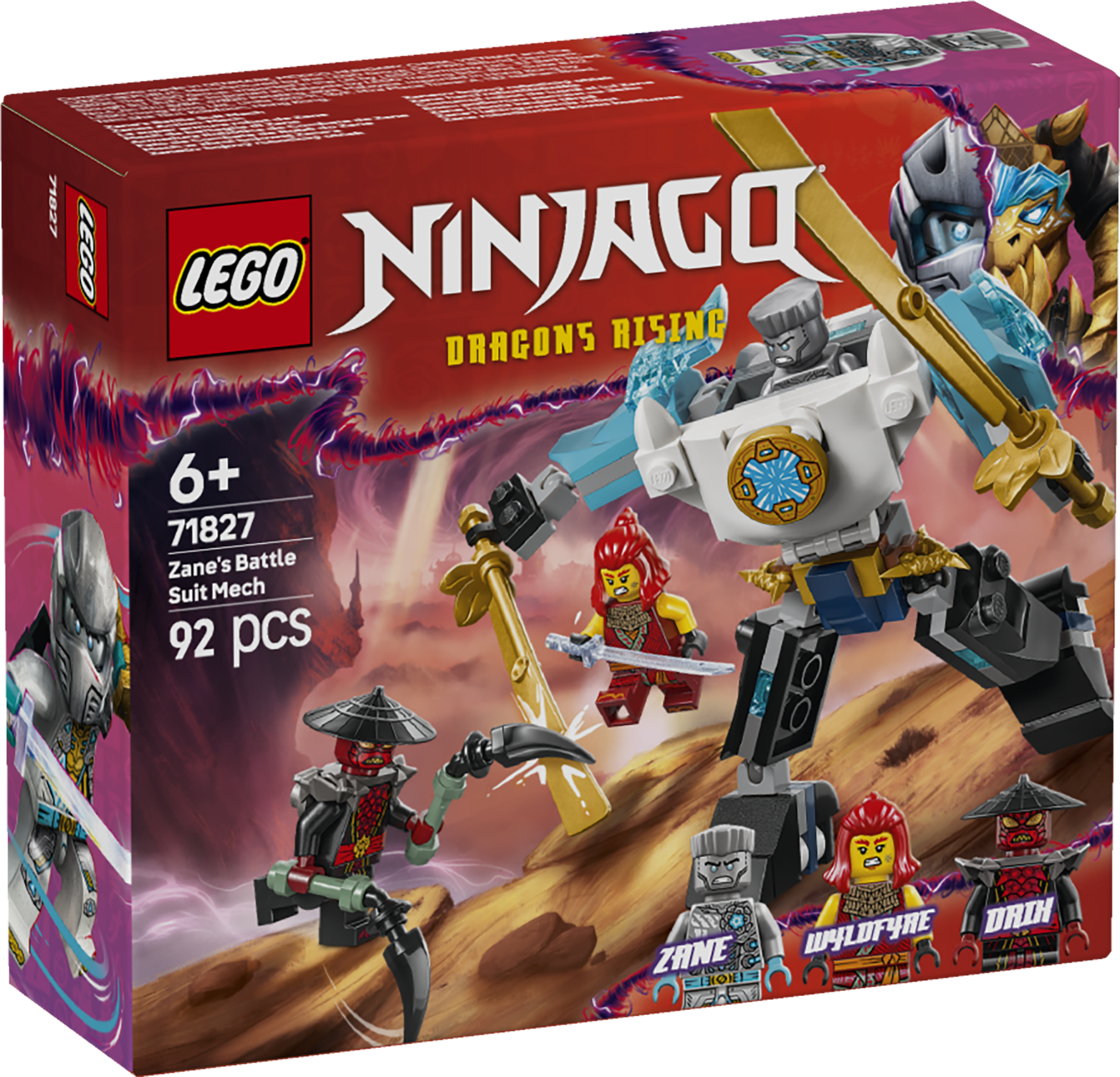 LEGO Ninjago Zane’i lahinguvormis robot LEGO NINJAGO Zane’i lahinguvormis roboti ehituskomplekt 3 minifiguuriga võimaldab lastel etendada lugusid telesarja NINJAGO Dragons Rising 3. hooajast.
